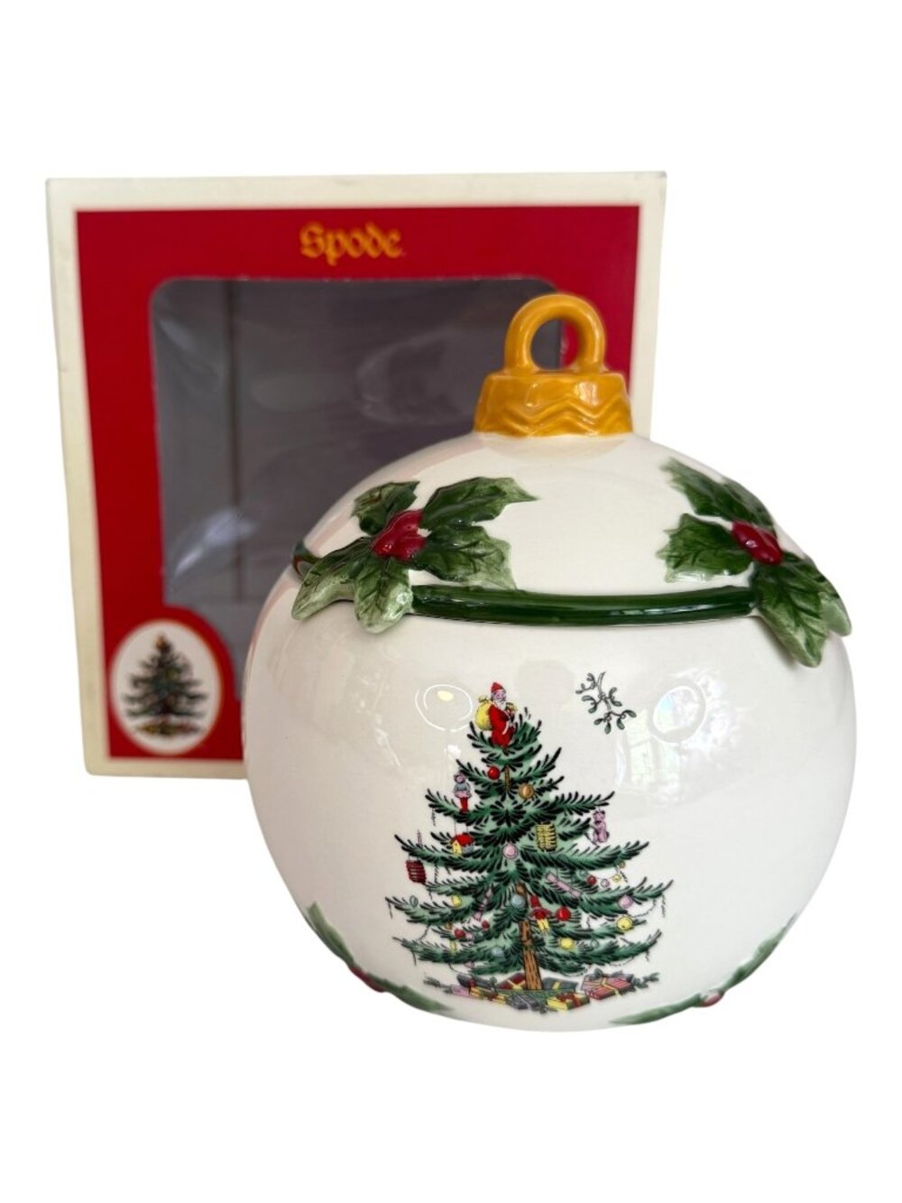 Spode Ceramic Christmas Tree Ornament Candy Dish With Lid Holly Original Box